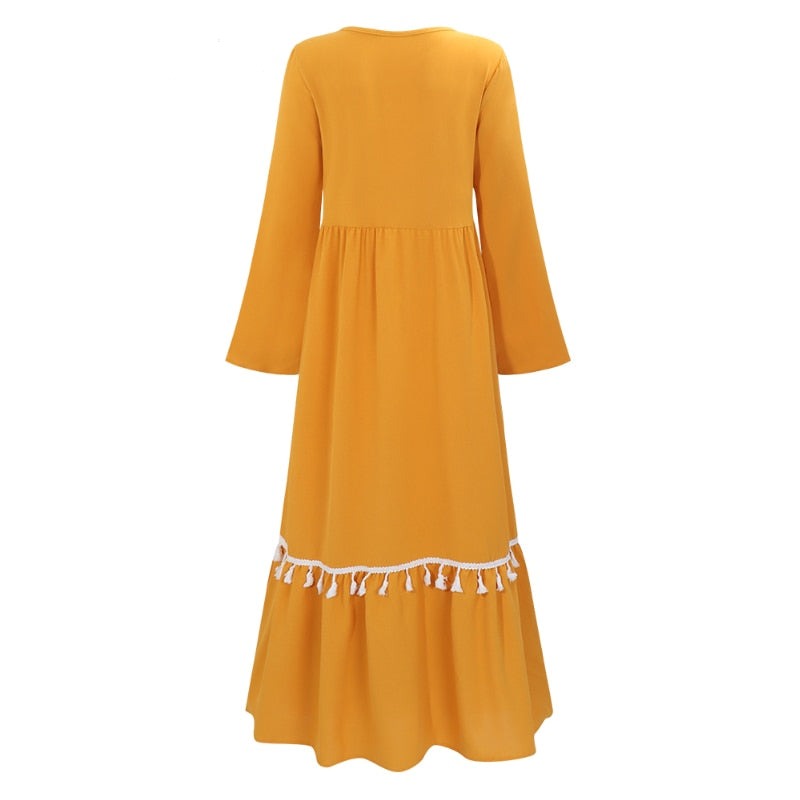 Women Boho Embroidered Abaya Long Dress