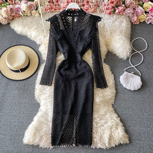 Women Lace Ruffles Elegant Slim Pencil Midi Bodycon Dress