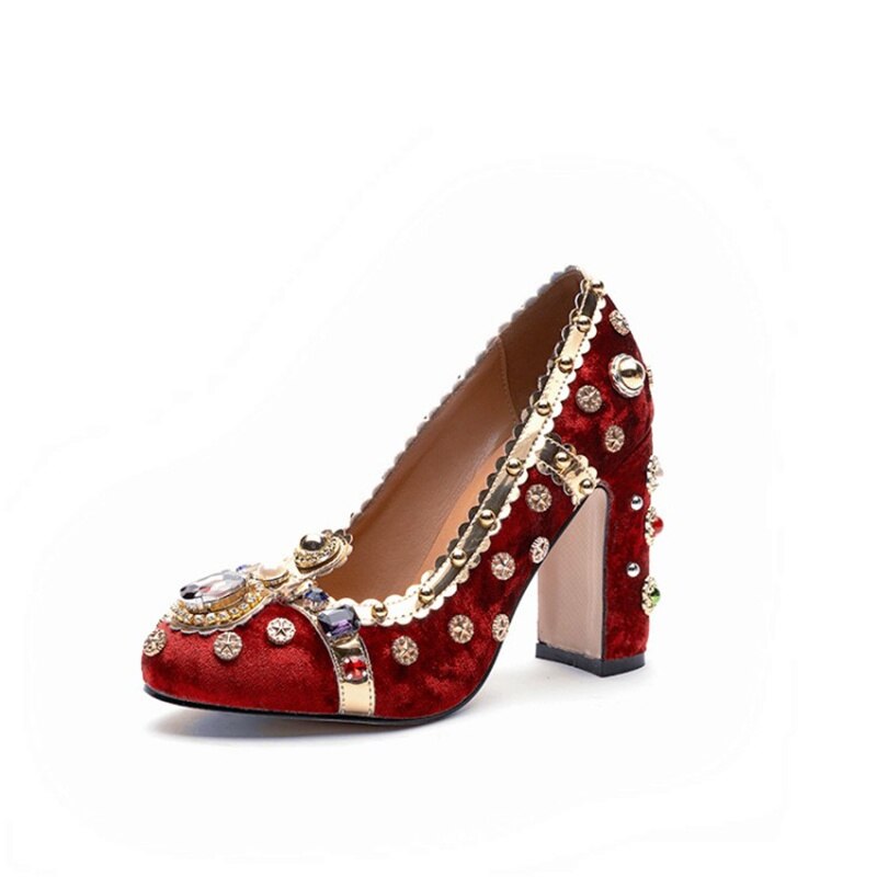 Women Retro High Heels Velvet Rhinestone Rivets Shoes