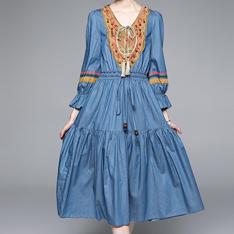 Women Embroidery A-line Denim Elastic Waist Vestidos Dress