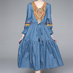 Women Embroidery A-line Denim Elastic Waist Vestidos Dress
