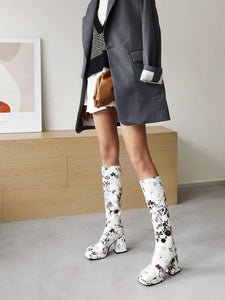 Women Floral Knee-Length Square-Toe High Thick Heel Boots