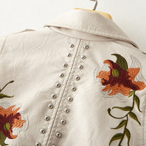 Women Floral Embroidery Soft Leather Retro Jacket