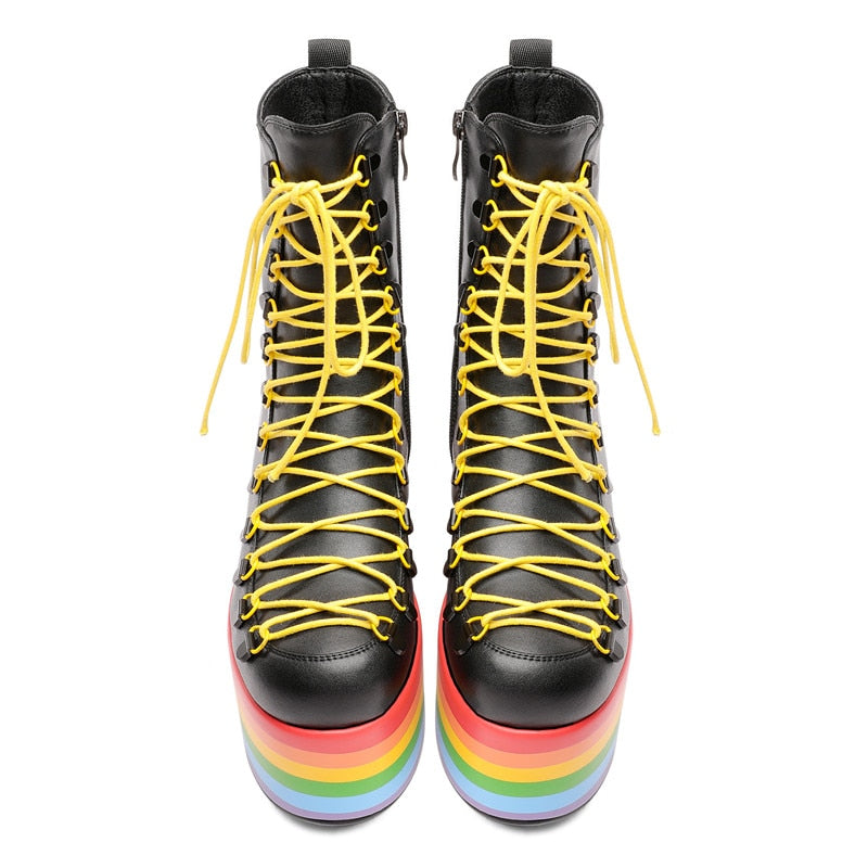 Women Leather Rainbow High Platform Ankle Boots