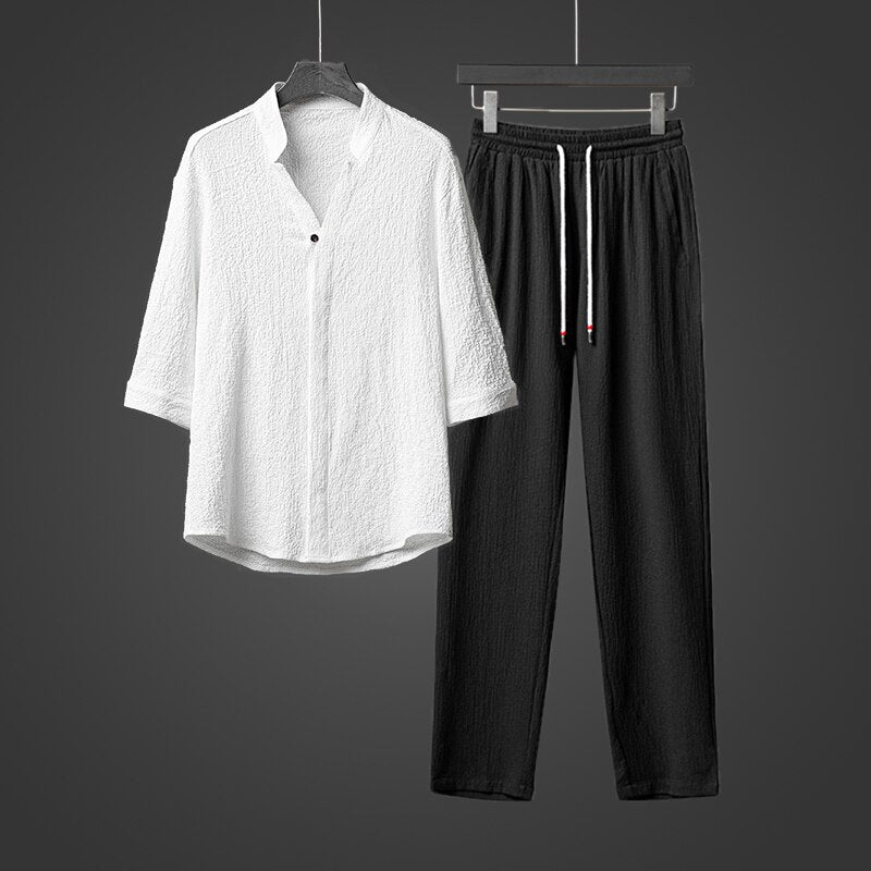 Men Harajuku Oversized Ice Silk Linen 2 Piece Suit