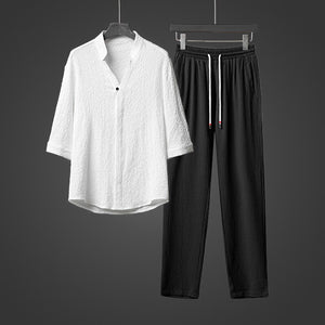 Men Harajuku Oversized Ice Silk Linen 2 Piece Suit