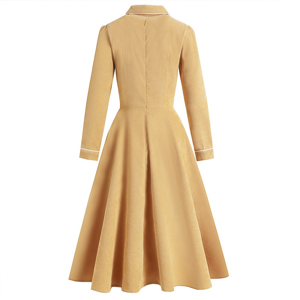 Women Vintage Peter Pan Collar Corduroy Elegant Midi Dress