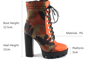 Women Camouflage Round Toe Block Lace Up Chunky Heel Boots