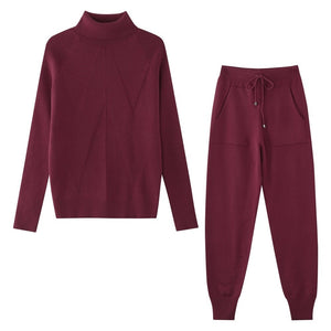 Women Striped Turtleneck Sweater Elastic Trouser Suits 2 Piece Set