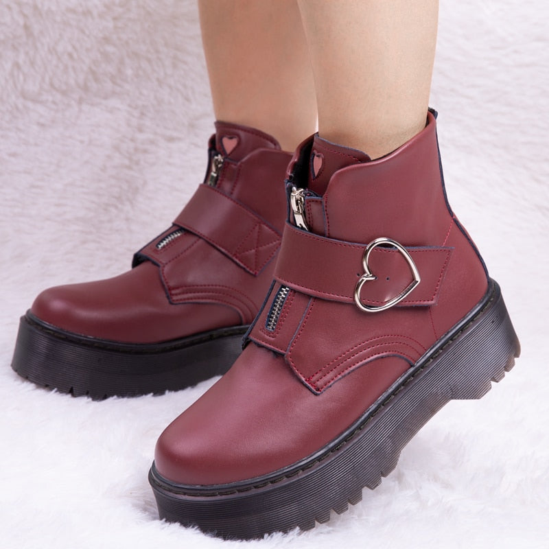 Women Heart Button Buckle Strip Ankle Martin Boots