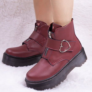 Women Heart Button Buckle Strip Ankle Martin Boots