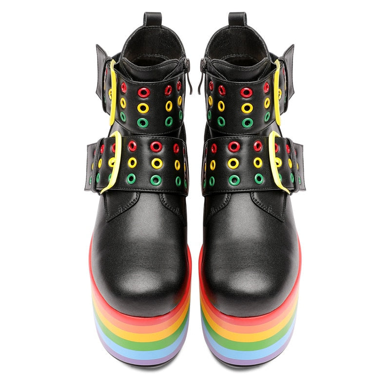Women Leather Rainbow High Platform Ankle Boots