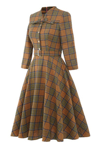 Women Retro V-Neck Plaid Vintage Dress