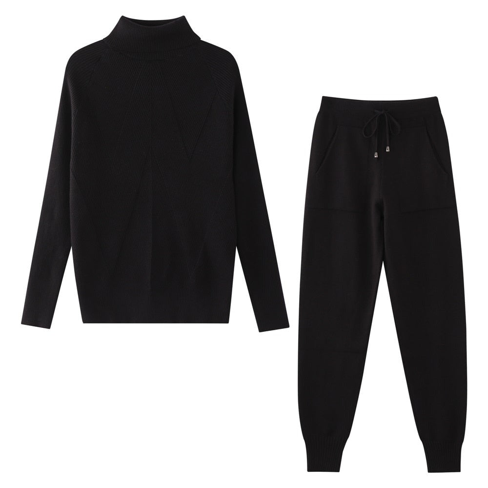 Women Striped Turtleneck Sweater Elastic Trouser Suits 2 Piece Set