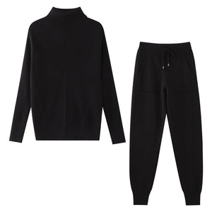 Women Striped Turtleneck Sweater Elastic Trouser Suits 2 Piece Set