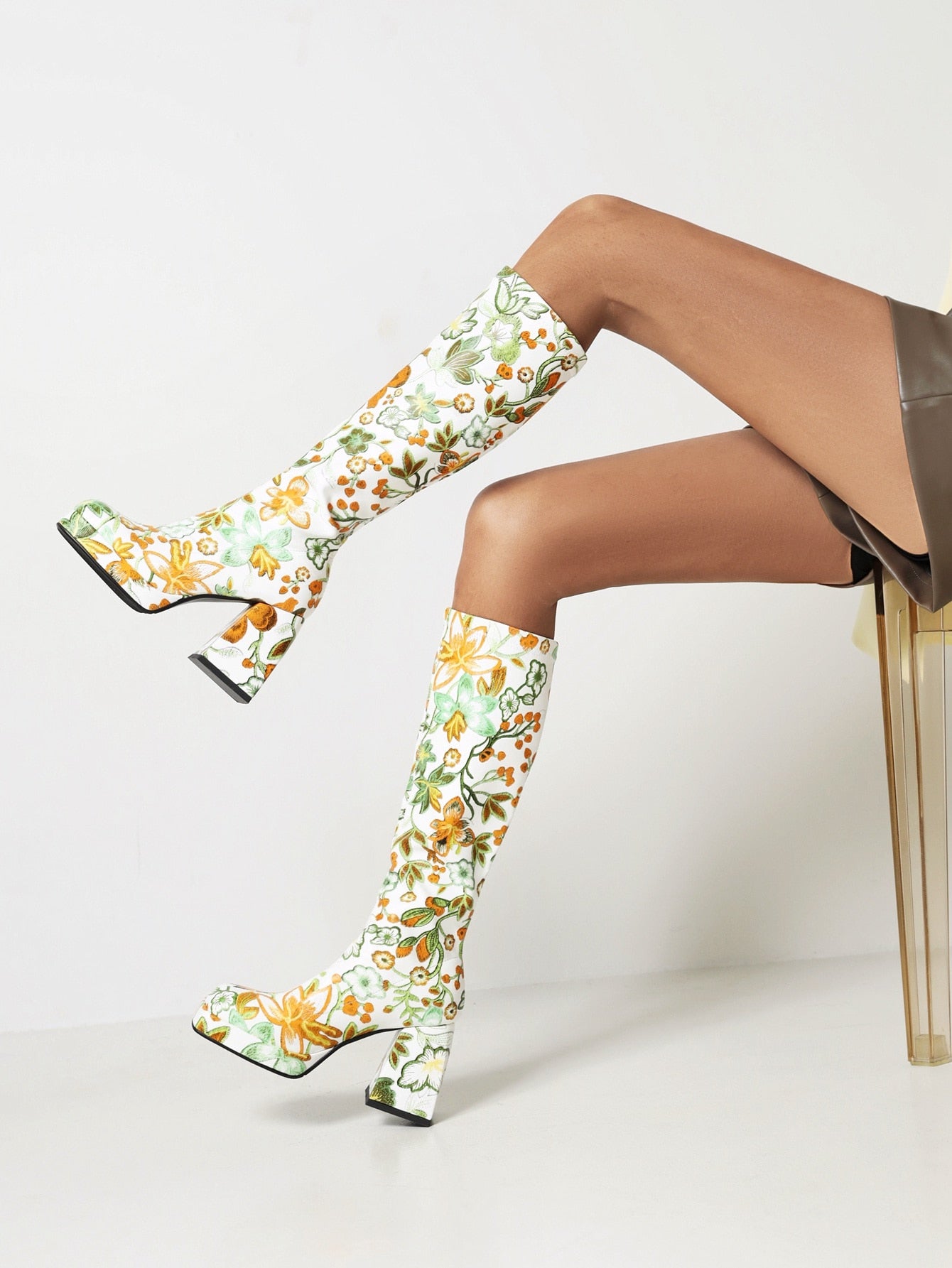 Women Floral Knee-Length Square-Toe High Thick Heel Boots