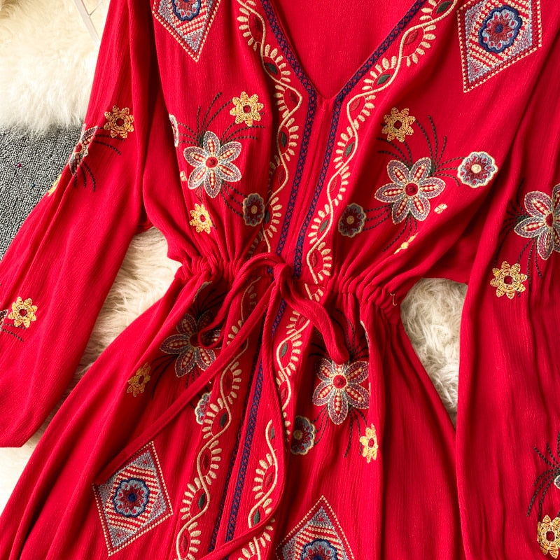 Women Embroidery Boho V-Neck Lantern Sleeve Dress