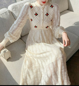 Women Embroidery Korea Style Slim Wool Knitting Dress