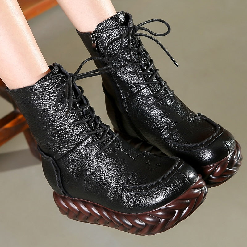 Women Vintage Genuine Leather Ankle Cowhide Lace-Up Boots