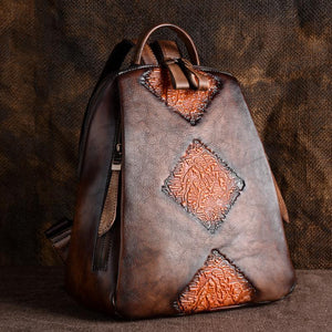 Women Handmade Retro Embossed Floral Leather Backpack