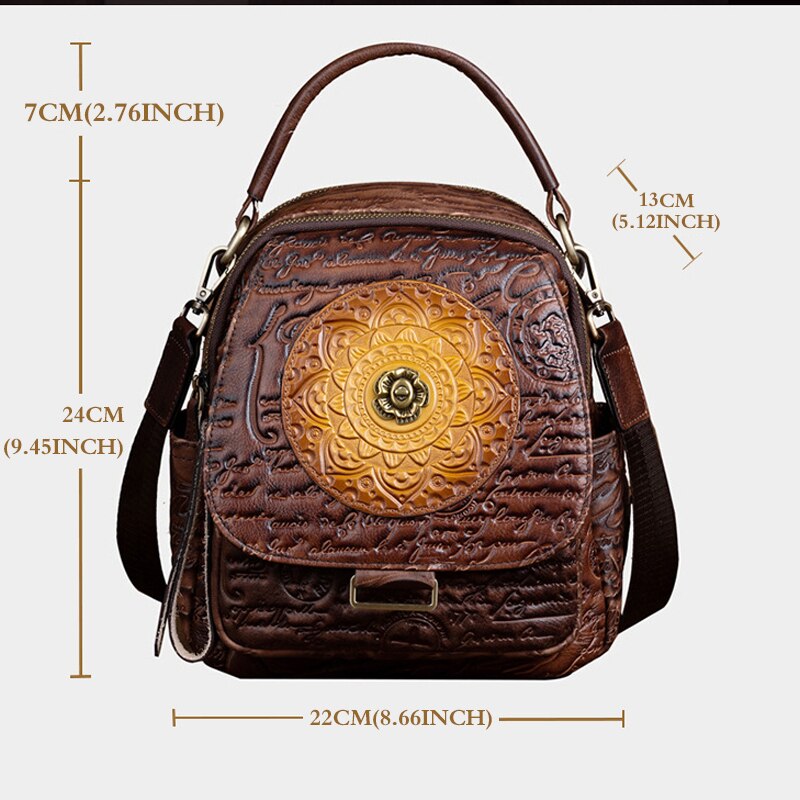 Women Floral Retro Cowhide Backpack Embossing Bag