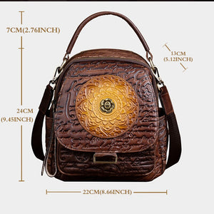 Women Floral Retro Cowhide Backpack Embossing Bag