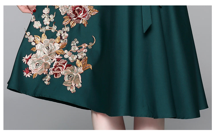 Women Floral Embroidery Vintage Cocktail Robe Dress