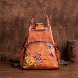 Women Retro Embossed Genuine Leather Backpack