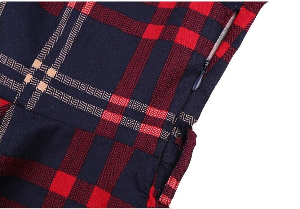 Women Retro Swing Plaid Vintage Belted Dress