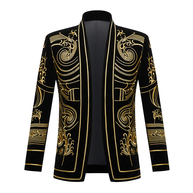 Men Embroidery Cardigan Shawl Lapel Striped Suit Blazer Jacket