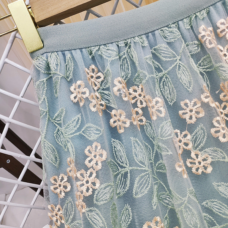 Women Embroidery Floral Mesh Long Skirt