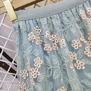 Women Embroidery Floral Mesh Long Skirt