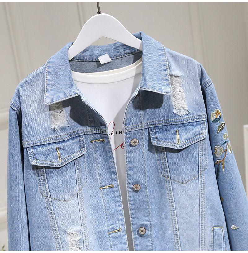 Women Embroidery Floral Vintage Denim Coat