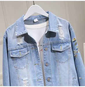 Women Embroidery Floral Vintage Denim Coat