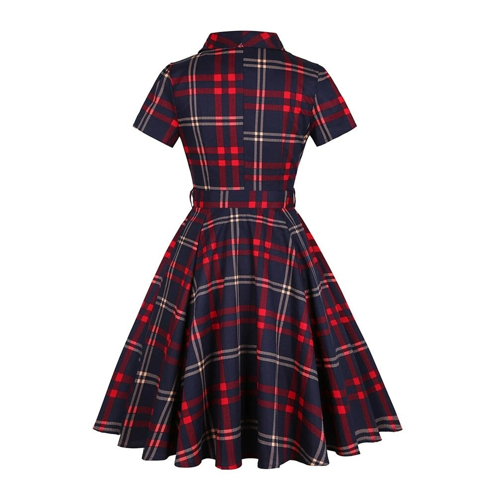 Women Retro Swing Plaid Vintage Belted Dress