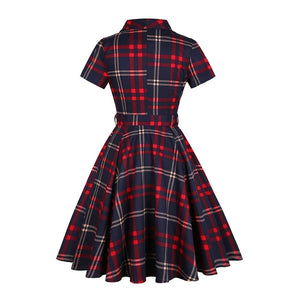 Women Retro Swing Plaid Vintage Belted Dress