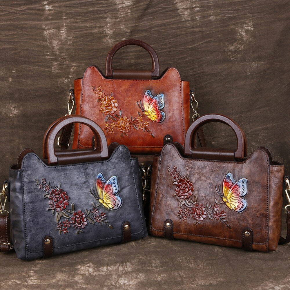 Women Embossed Butterfly Tote Retro Leather Vintage Bag