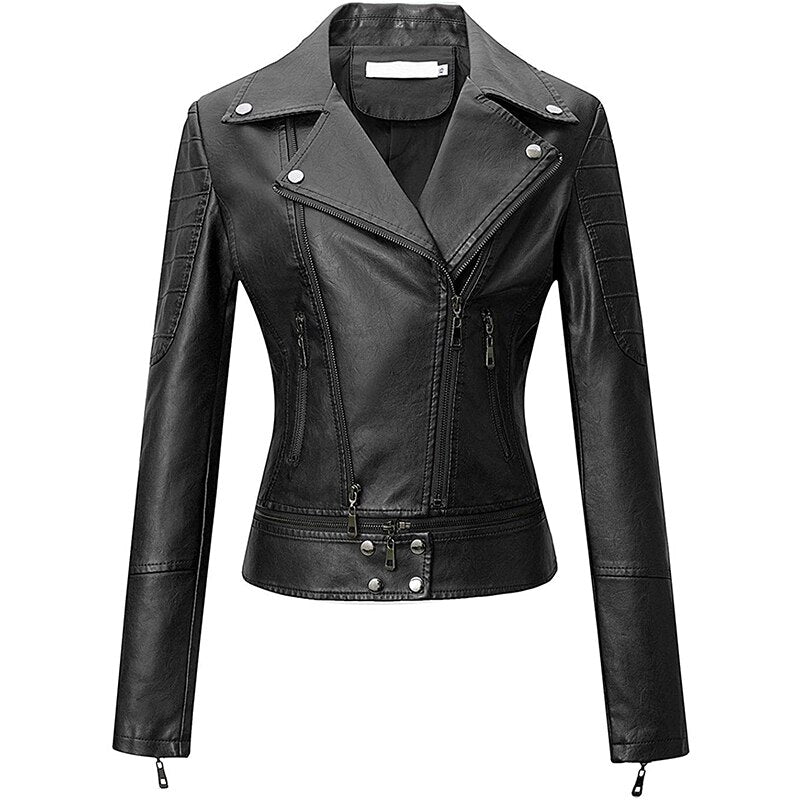 Women Retro Faux Leather Moto Biker Slim Fit Jackets
