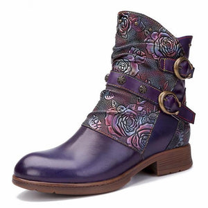 Women Genuine Leather Round Toe Print Handmade Concise Leisure Ankle Platform Boots
