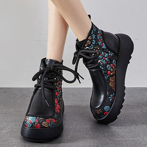 Women Genuine Leather Retro Lace-up Concise Boots