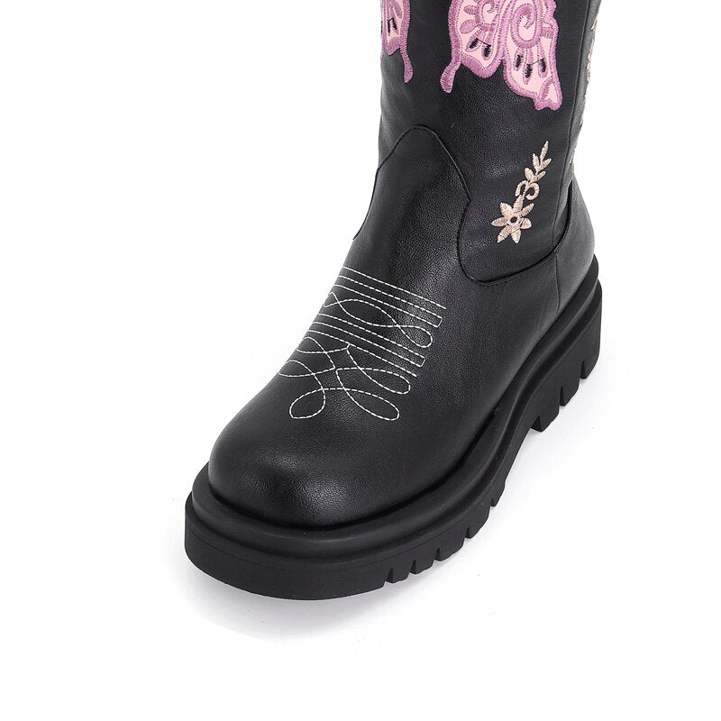 Women Embroidered High Heels Platform Cowboy Boots