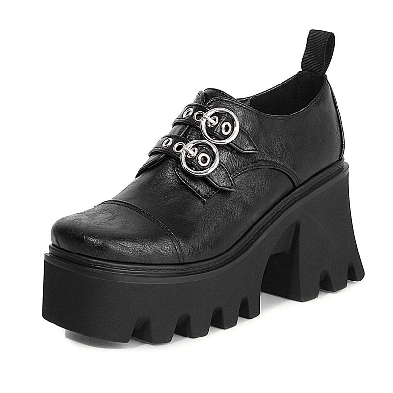 Women Vintage Buckle Block Heel Pumps Goth Shoes