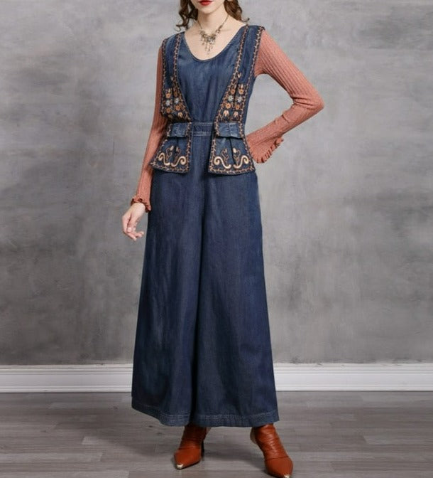 Women Embroidery Boho Denim Vintage Jumpsuit