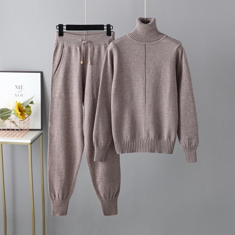 Women Knitted Tracksuit Turtleneck Sweater Carrot Jogging Pant 2 Pcs Set