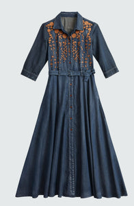 Women Boho Denim Turn-down Collar Dress