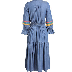 Women Embroidery A-line Denim Elastic Waist Vestidos Dress