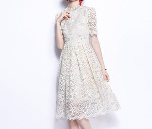 Women Princess Sleeve Lace O-Neck Slim Rushed Chic Dress