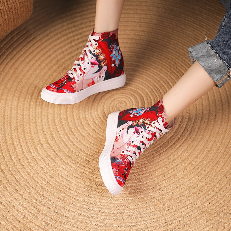 Women Peking Face Round Toe Lace Up Canvas Shoes