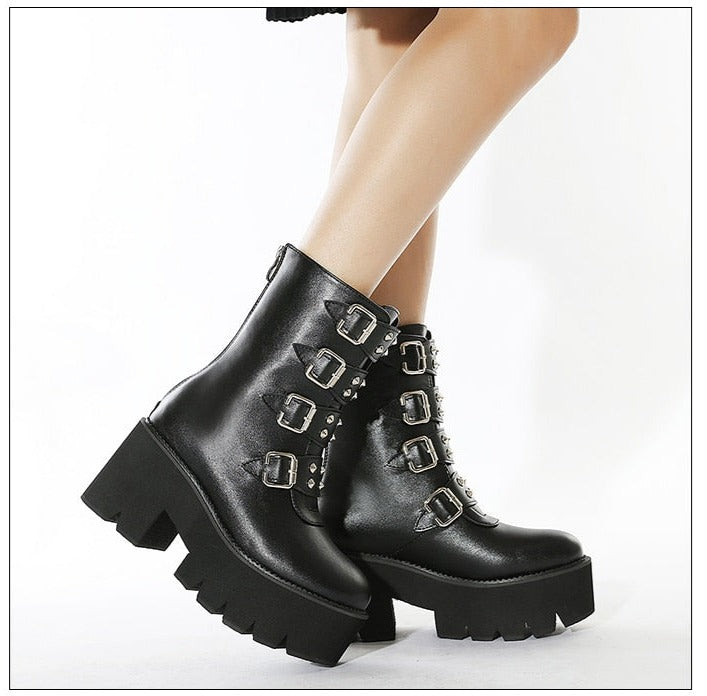 Women Gothic Punk Chunky Heels Combat Motorcycle Boots