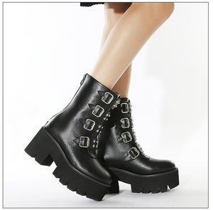 Women Gothic Punk Chunky Heels Combat Motorcycle Boots